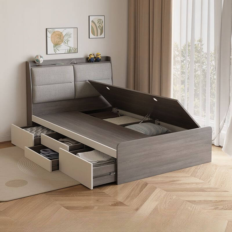 Modern White and Light Wood Platform Bed with Upholstered Headboard and Storage Drawers