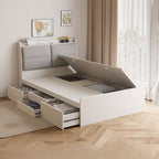 Modern White and Light Wood Platform Bed with Upholstered Headboard and Storage Drawers