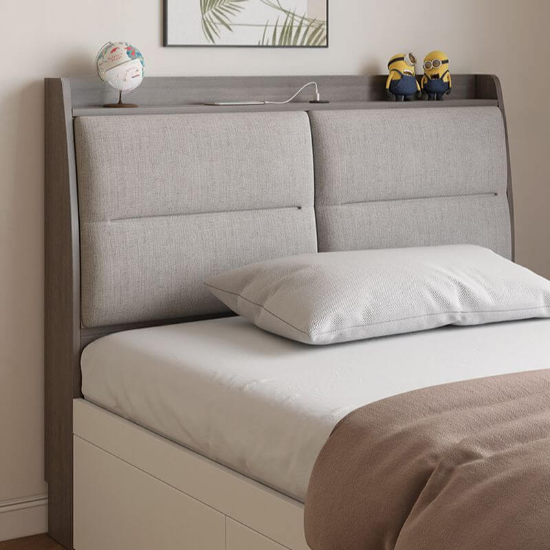 Modern White and Light Wood Platform Bed with Upholstered Headboard and Storage Drawers