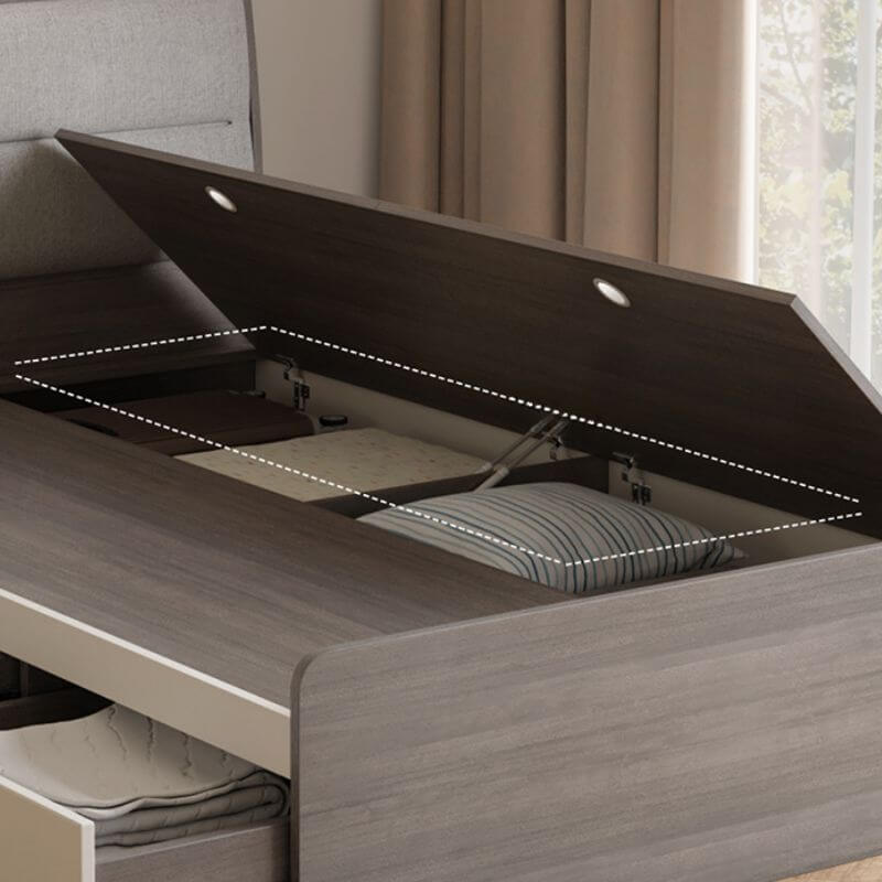 Modern White and Light Wood Platform Bed with Upholstered Headboard and Storage Drawers