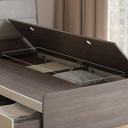 Modern White and Light Wood Platform Bed with Upholstered Headboard and Storage Drawers