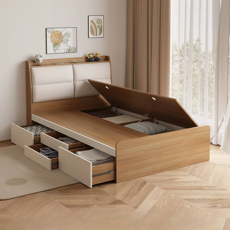 Modern White and Light Wood Platform Bed with Upholstered Headboard and Storage Drawers