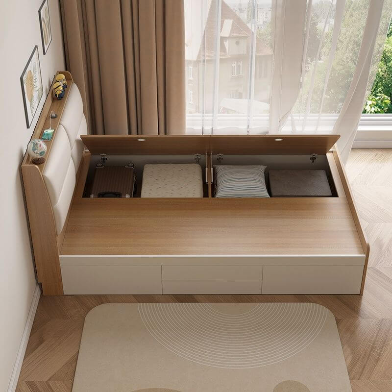Modern White and Light Wood Platform Bed with Upholstered Headboard and Storage Drawers Secondary image