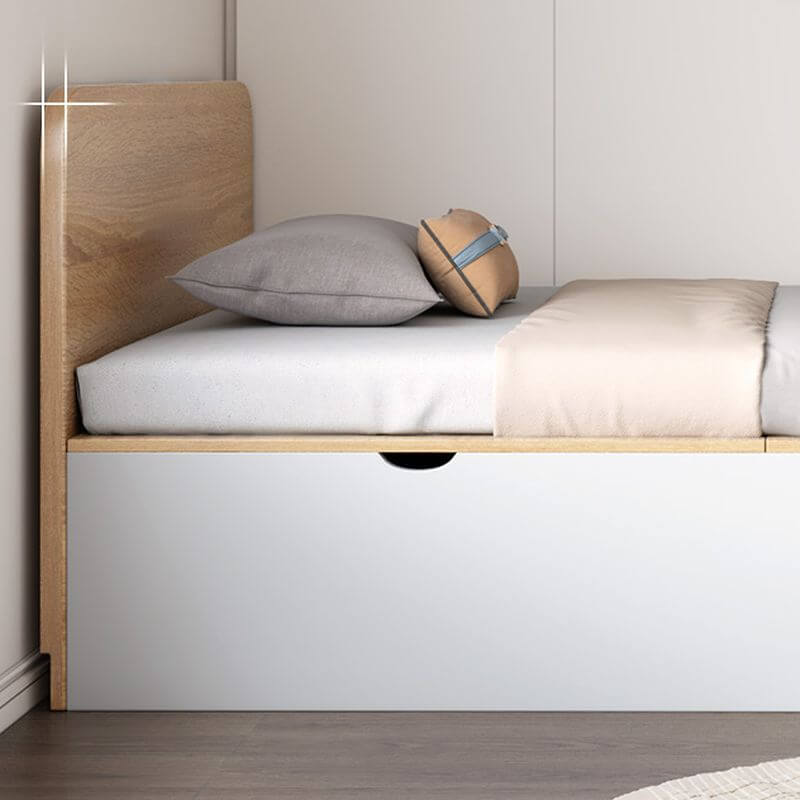 Modern White and Natural Wood Storage Bed with Drawers