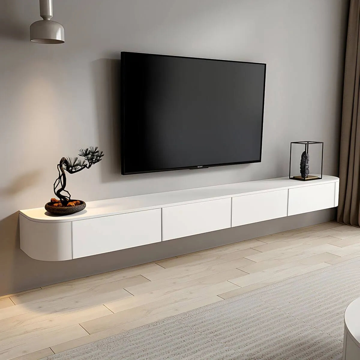 Modern White Floating TV Stand with Glass Doors and LED Lighting