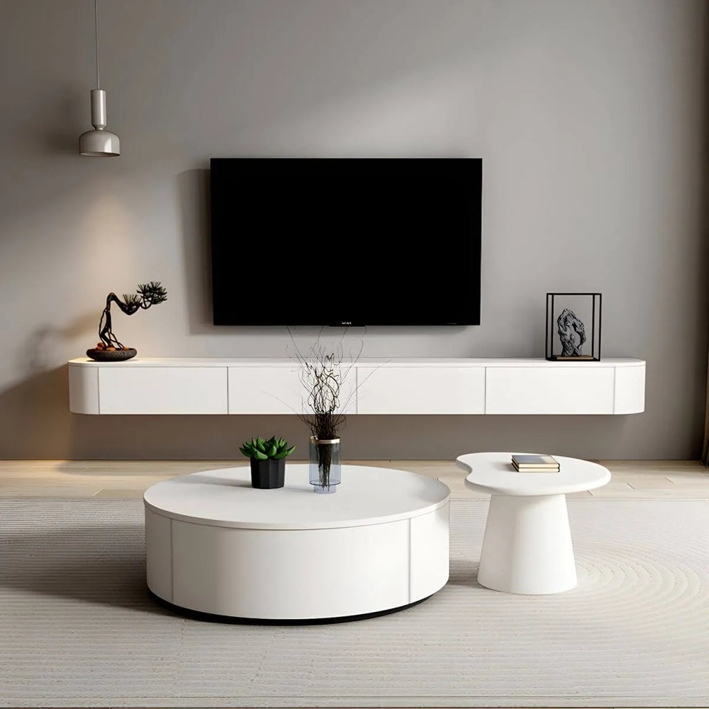 Modern White Floating TV Stand with Glass Doors and LED Lighting