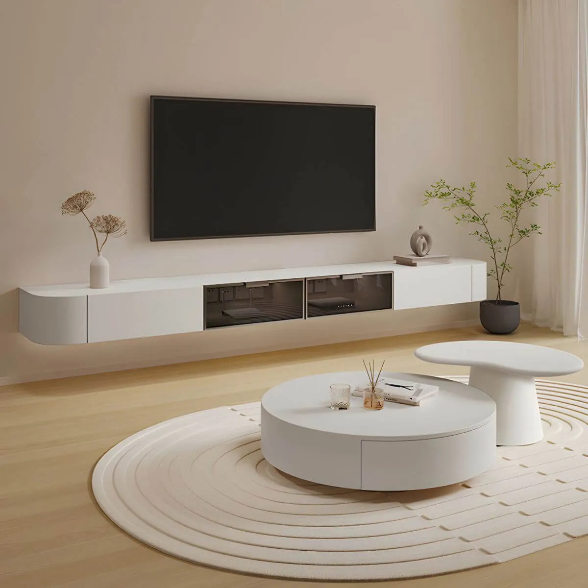 Modern White Floating TV Stand with Glass Doors and LED Lighting