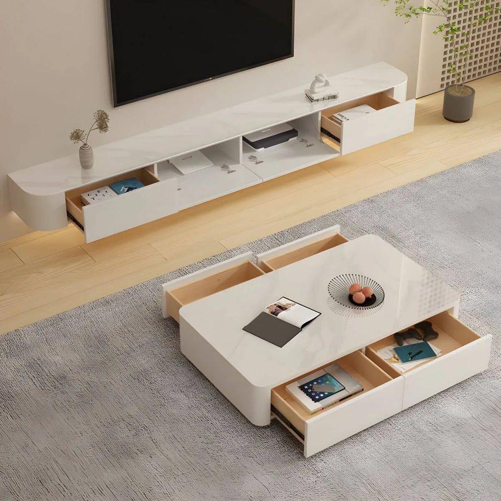 Modern White Floating TV Stand with Glass Doors and LED Lighting