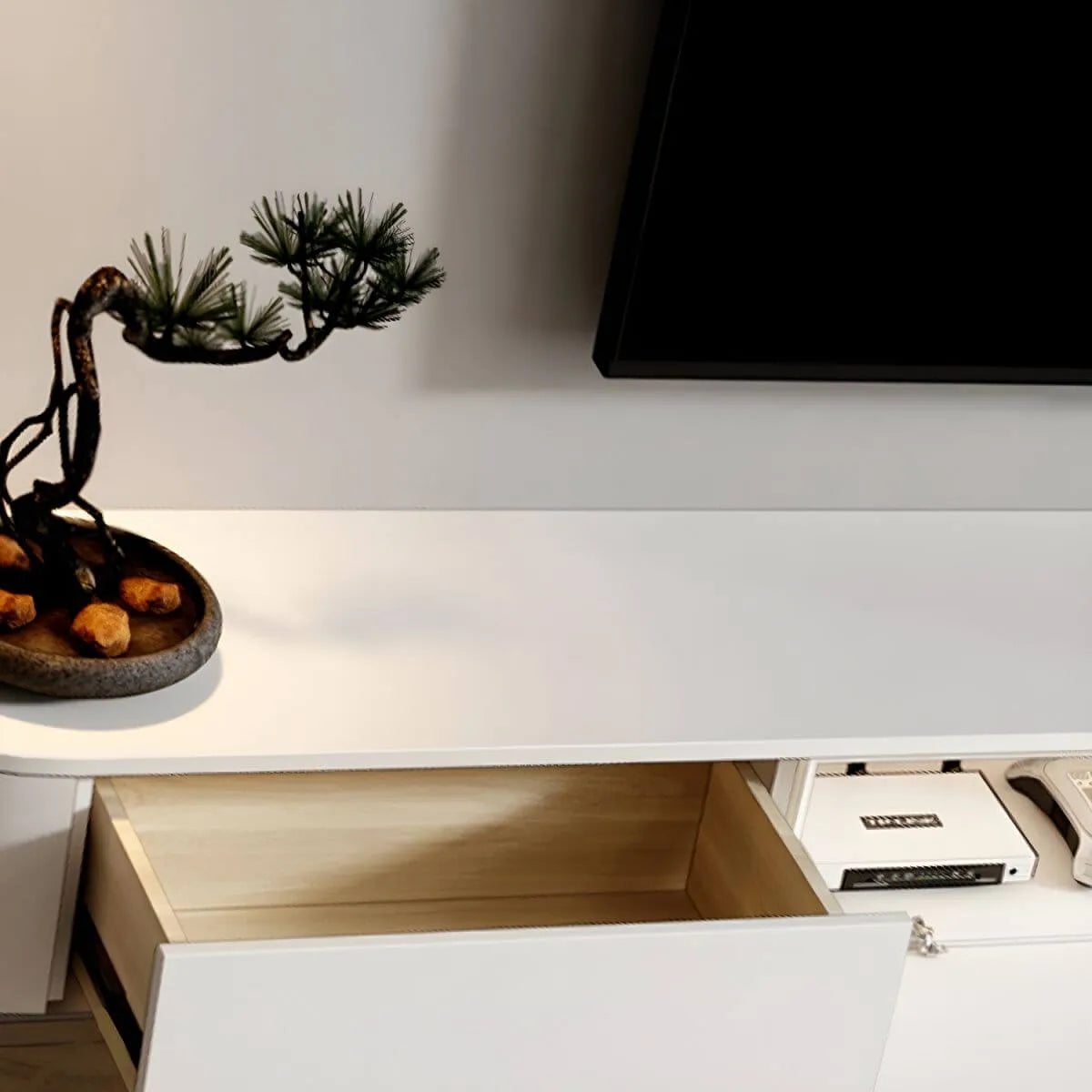 Modern White Floating TV Stand with Glass Doors and LED Lighting