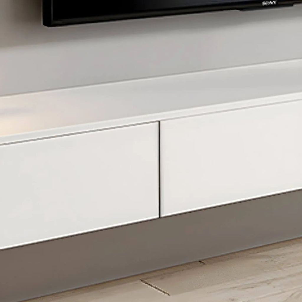 Modern White Floating TV Stand with Glass Doors and LED Lighting