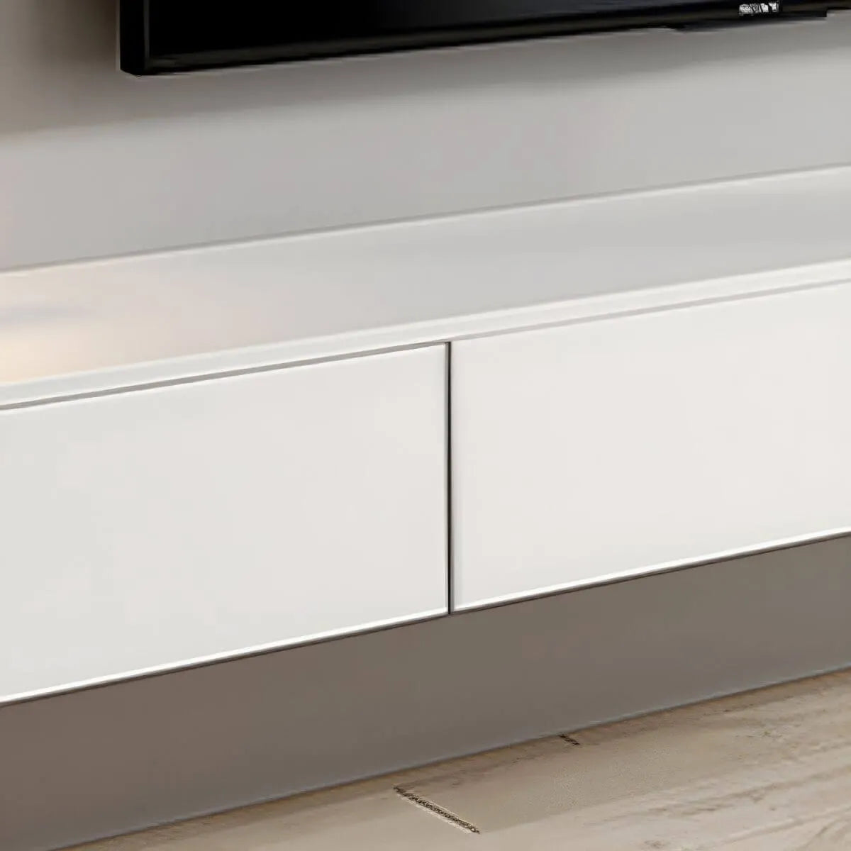 Modern White Floating TV Stand with Glass Doors and LED Lighting