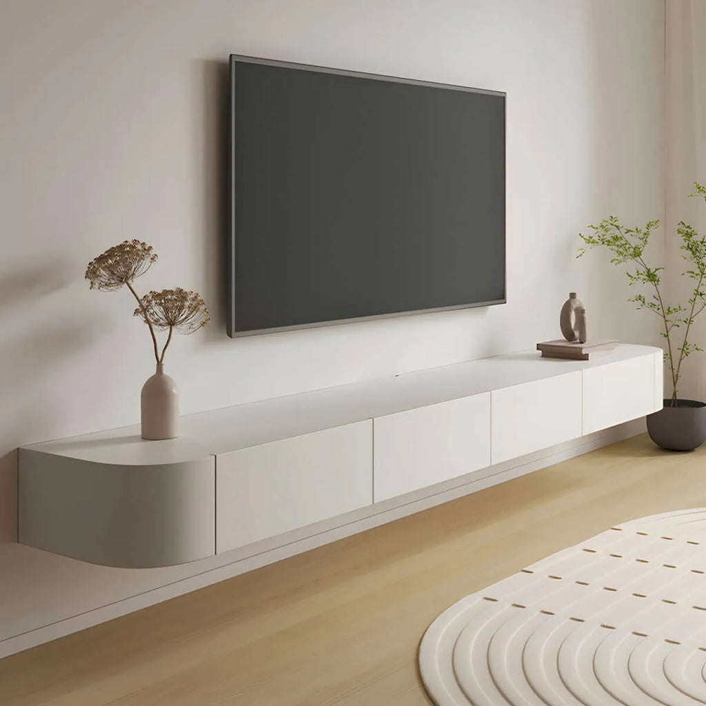 Modern White Floating TV Stand with Glass Doors and LED Lighting