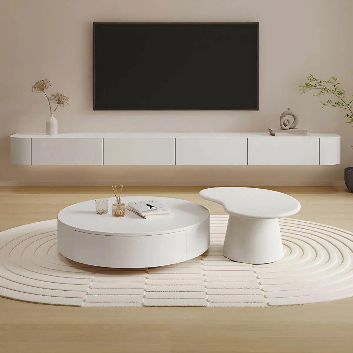 Modern White Floating TV Stand with Glass Doors and LED Lighting