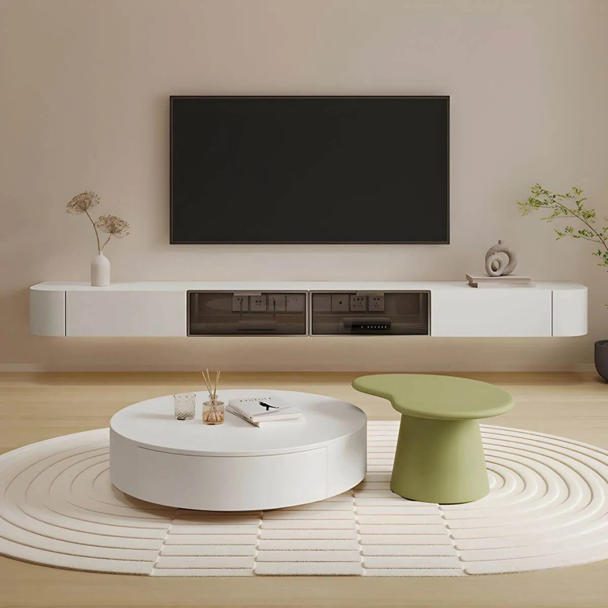 Modern White Floating TV Stand with Glass Doors and LED Lighting Secondary image