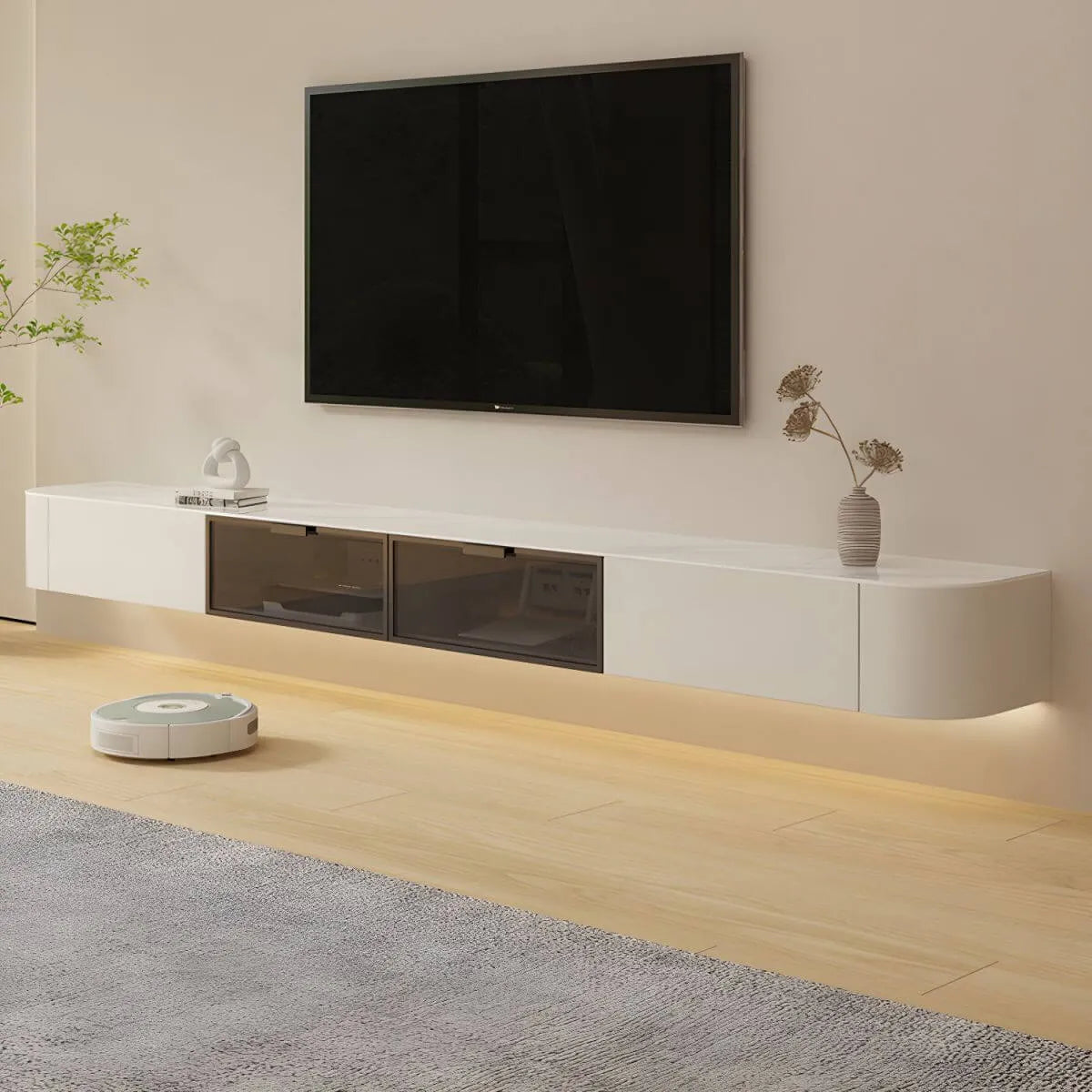 Modern White Floating TV Stand with Glass Doors and LED Lighting Main Product Image Main image