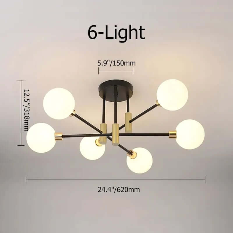 Modern White Glass 6-Light Semi-Flush Mount Ceiling Light Dimensions