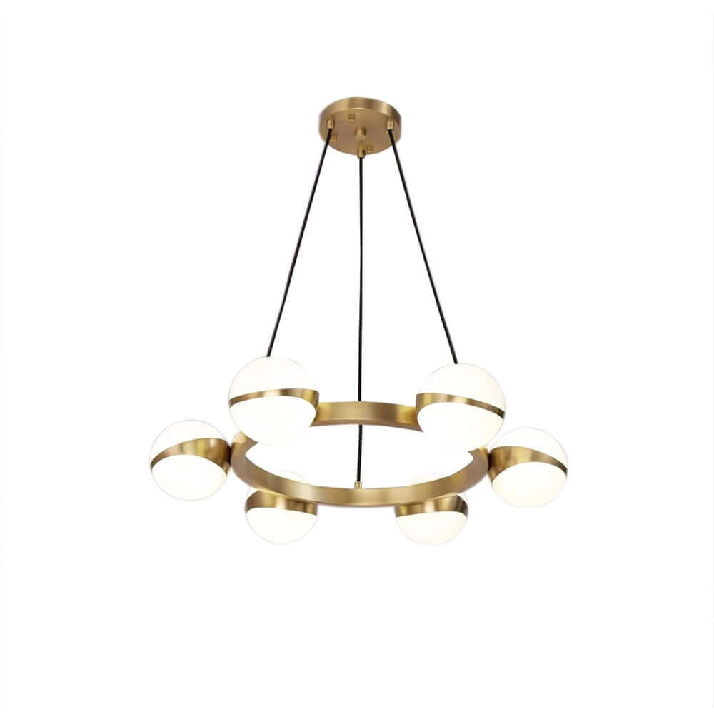 Modern White Glass Globe Chandelier with Brass Frame and Adjustable Cable