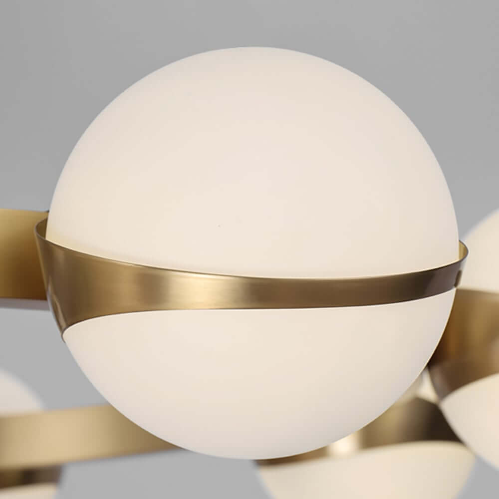 Modern White Glass Globe Chandelier with Brass Frame and Adjustable Cable