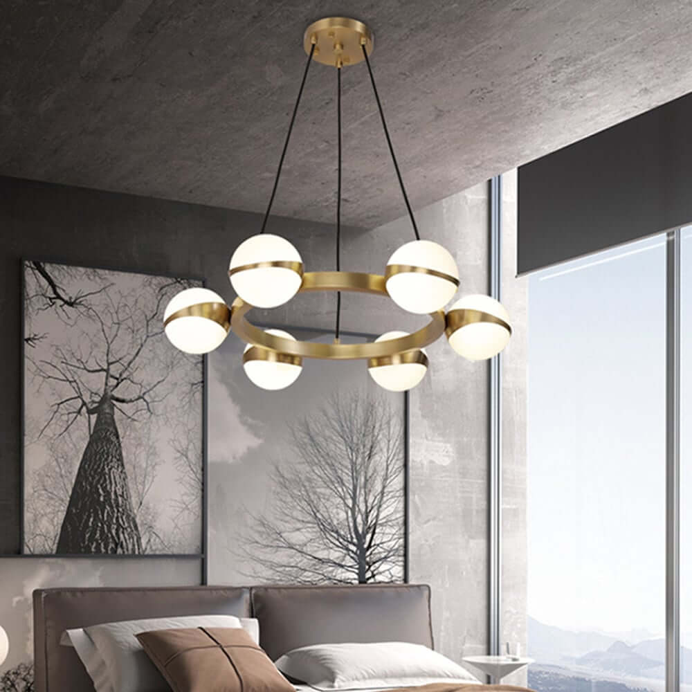 Modern White Glass Globe Chandelier with Brass Frame and Adjustable Cable