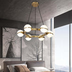 Modern White Glass Globe Chandelier with Brass Frame and Adjustable Cable