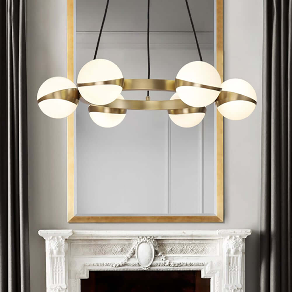 Modern White Glass Globe Chandelier with Brass Frame and Adjustable Cable Main Product Image