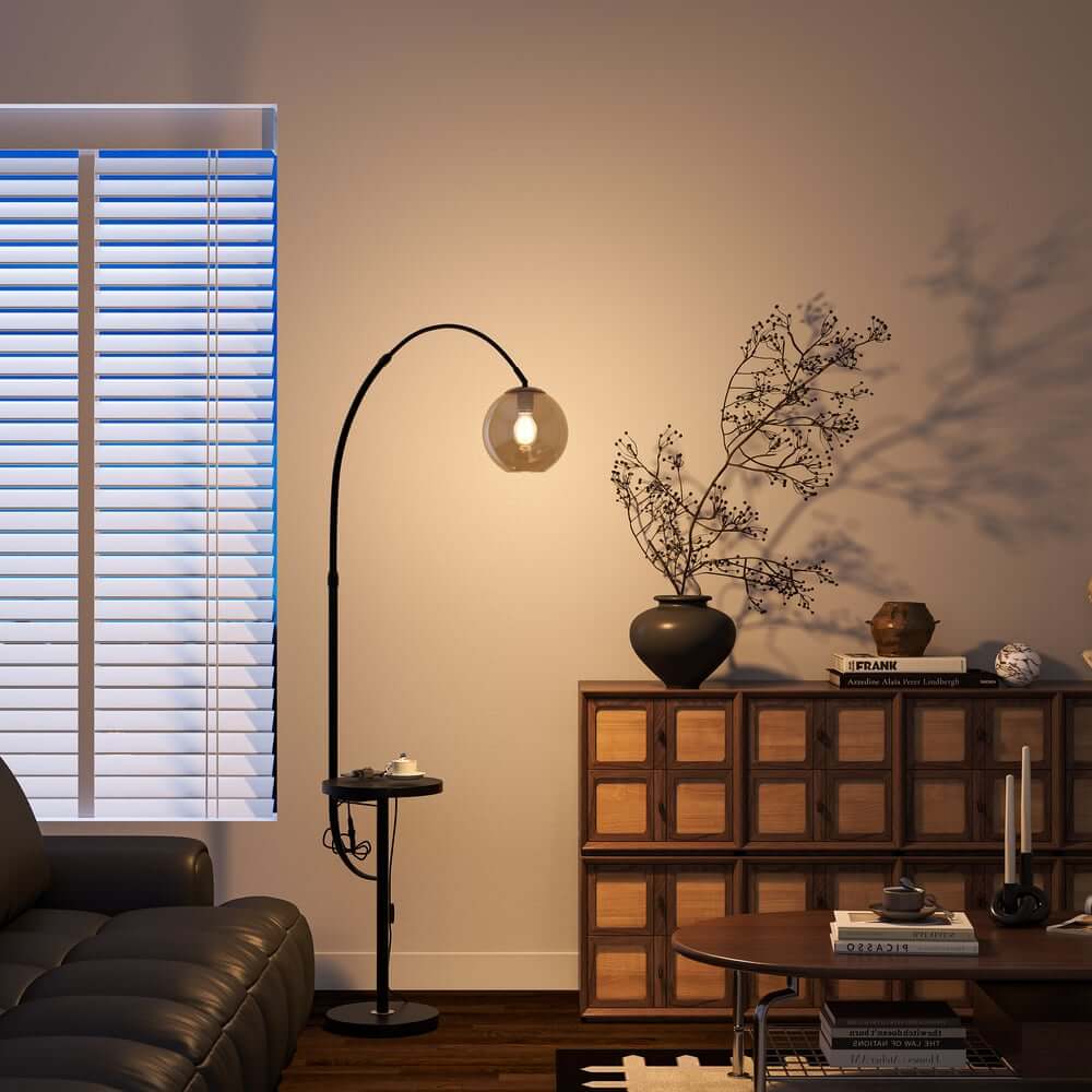 Modern White & Gold Arc Floor Lamp with Tray Table and USB Port