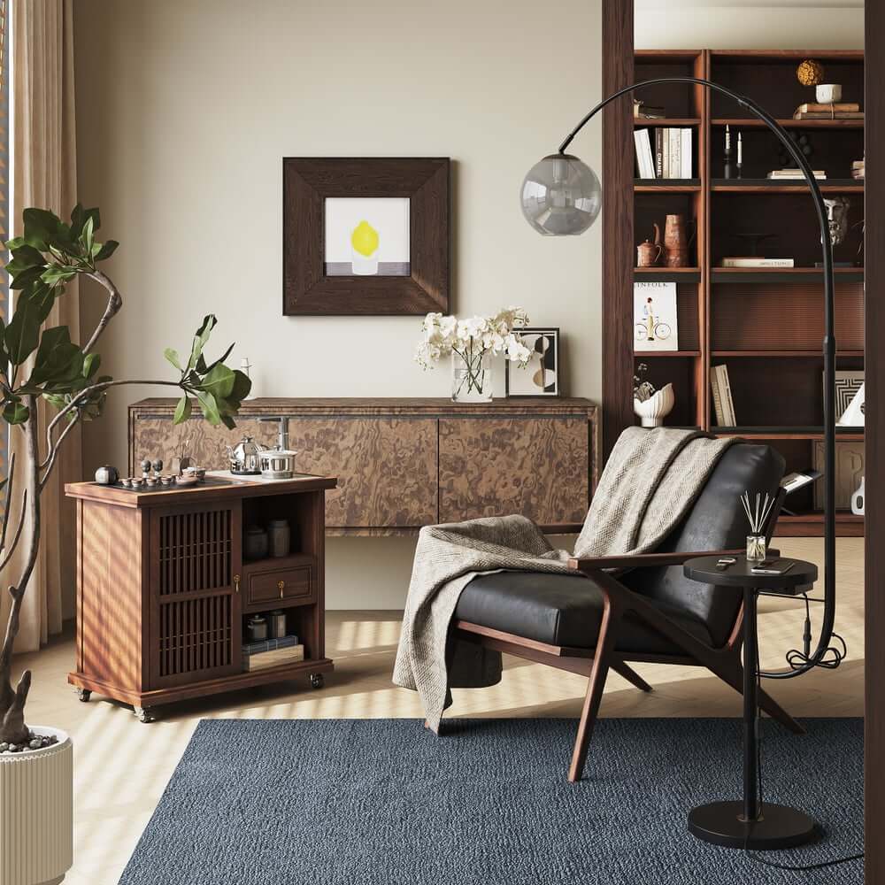 Modern White & Gold Arc Floor Lamp with Tray Table and USB Port