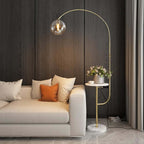 Modern White & Gold Arc Floor Lamp with Tray Table and USB Port