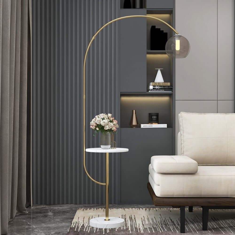 Modern White & Gold Arc Floor Lamp with Tray Table and USB Port
