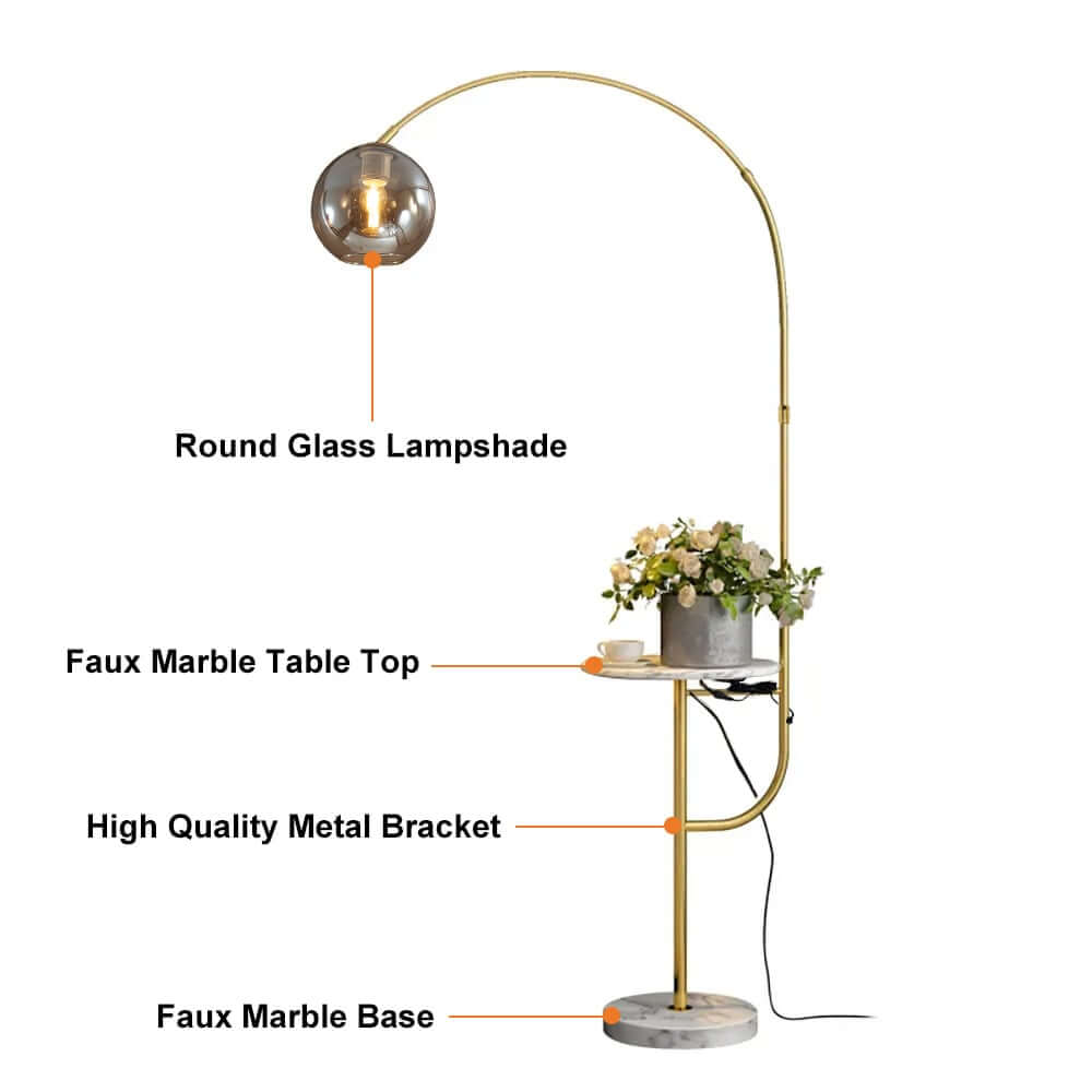Modern White & Gold Arc Floor Lamp with Tray Table and USB Port