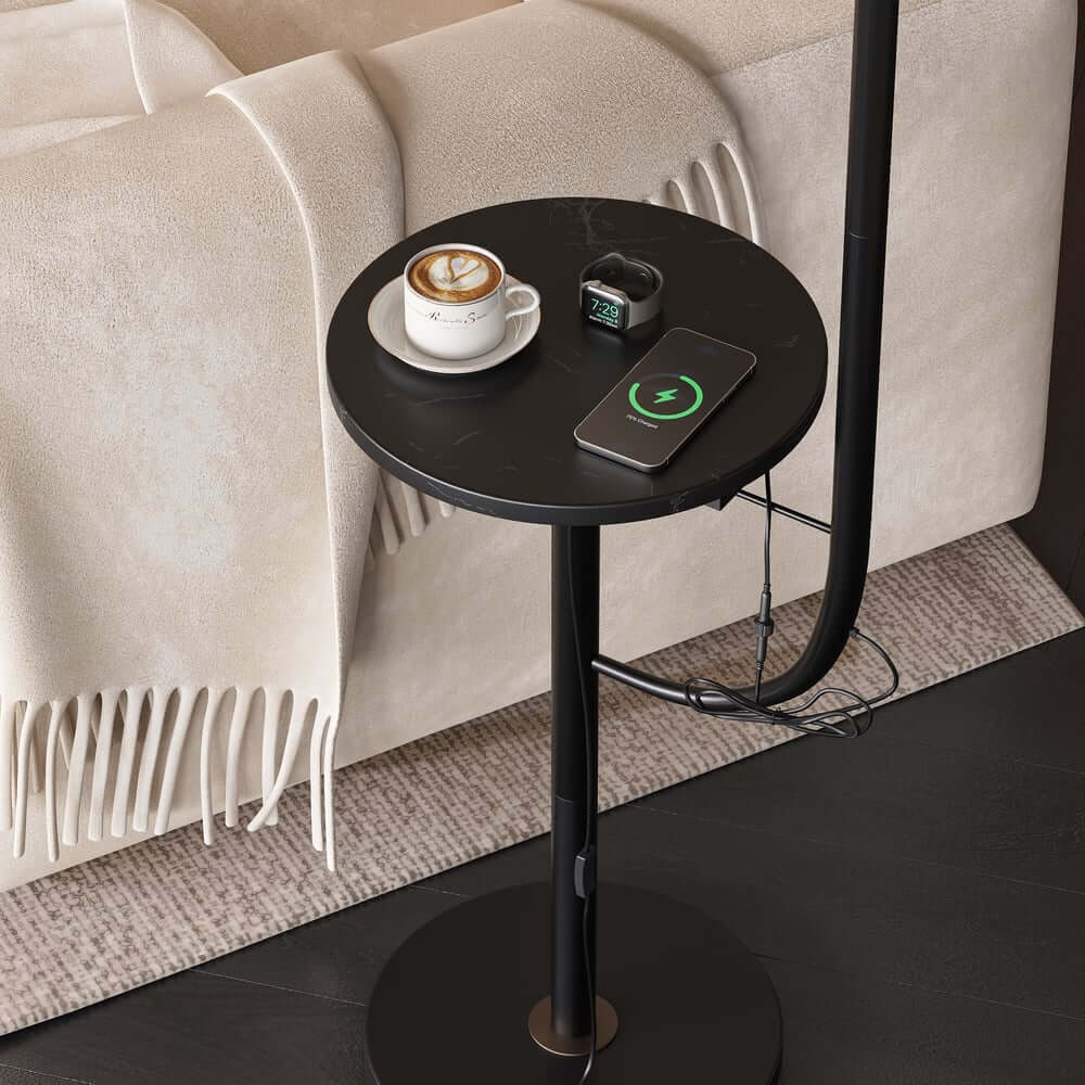 Modern White & Gold Arc Floor Lamp with Tray Table and USB Port