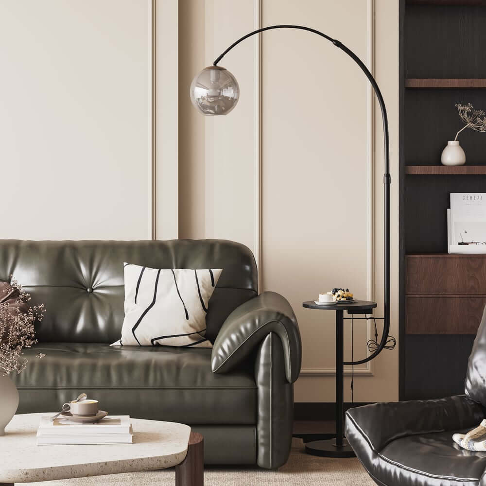 Modern White & Gold Arc Floor Lamp with Tray Table and USB Port