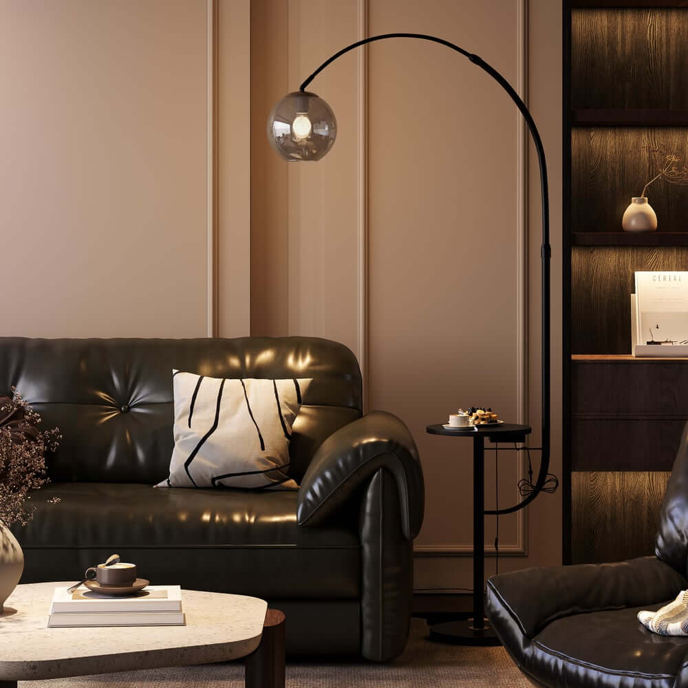 Modern White & Gold Arc Floor Lamp with Tray Table and USB Port