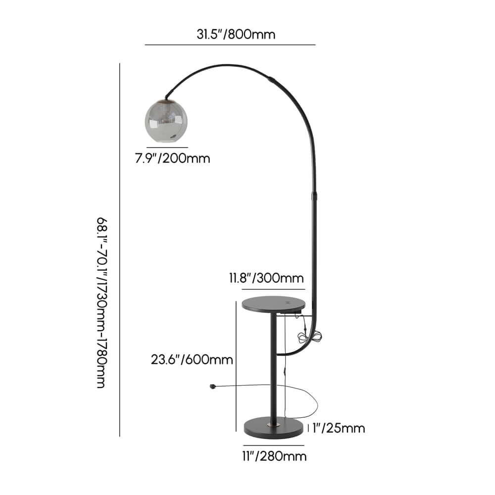 Modern White & Gold Arc Floor Lamp with Tray Table and USB Port Dimensions