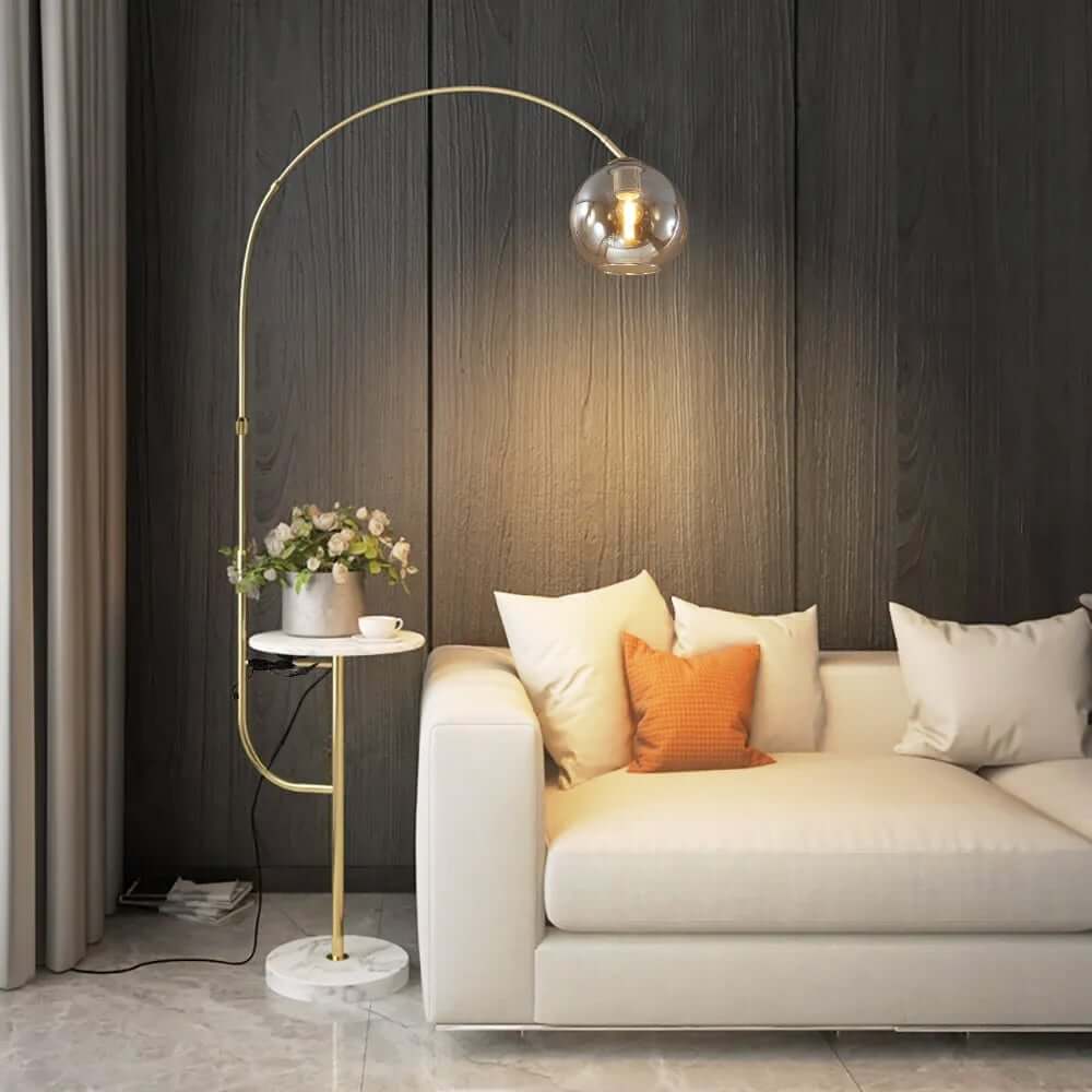 Modern White & Gold Arc Floor Lamp with Tray Table and USB Port Main Product Image