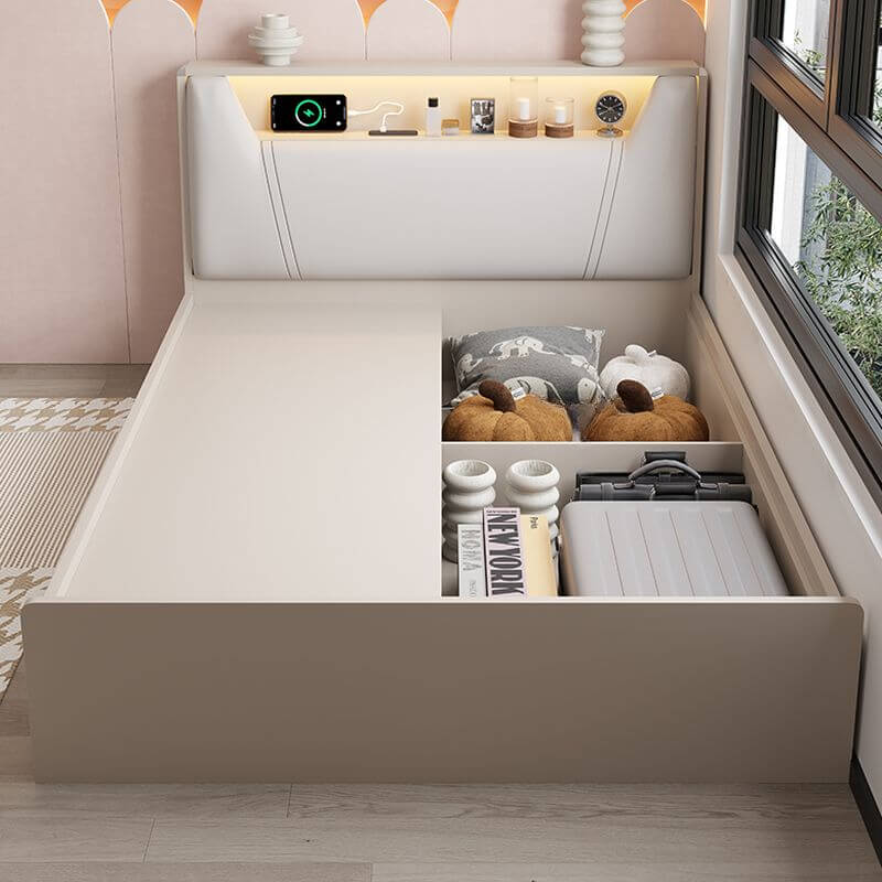 Modern White/Gray Storage Bed with Built-In Lighting and Drawers Image secondaire du produit