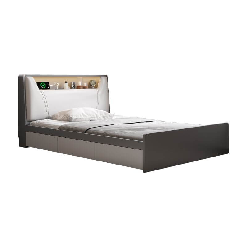 Modern White/Gray Storage Bed with Built-In Lighting and Drawers