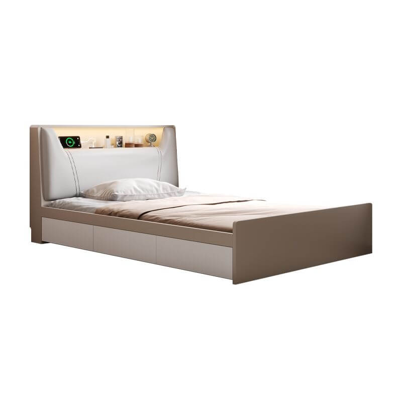 Modern White/Gray Storage Bed with Built-In Lighting and Drawers