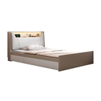 Modern White/Gray Storage Bed with Built-In Lighting and Drawers