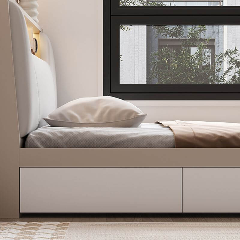 Modern White/Gray Storage Bed with Built-In Lighting and Drawers
