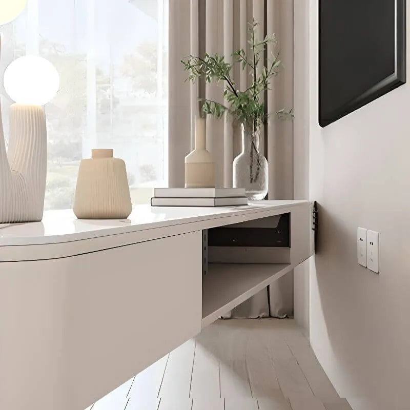 Modern White & Grey Wood Floating TV Stand with Drawers