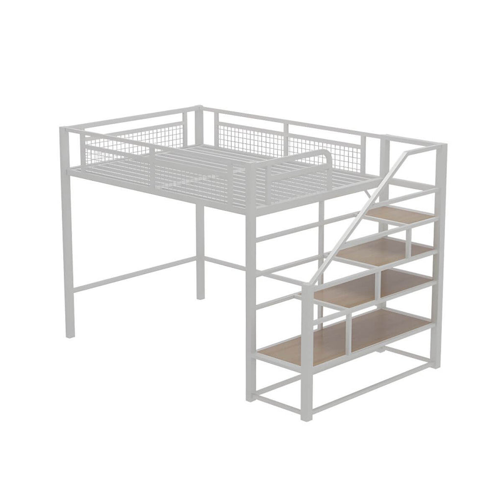 Modern White Metal Loft Bed with Stairs and Storage