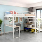 Modern White Metal Loft Bed with Stairs and Storage