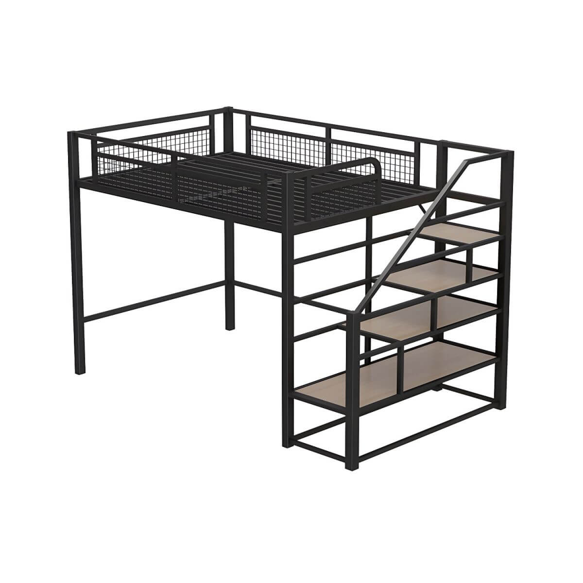 Modern White Metal Loft Bed with Stairs and Storage