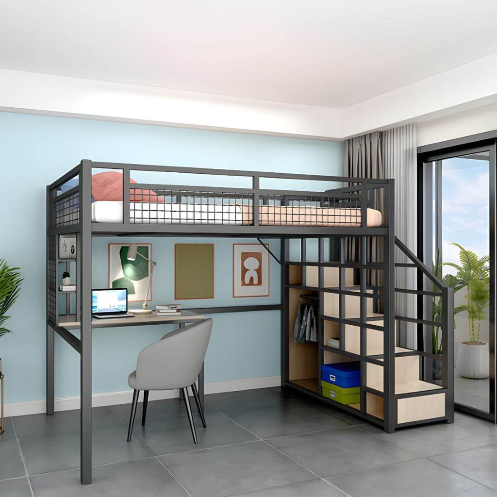 Modern White Metal Loft Bed with Stairs and Storage