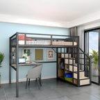 Modern White Metal Loft Bed with Stairs and Storage