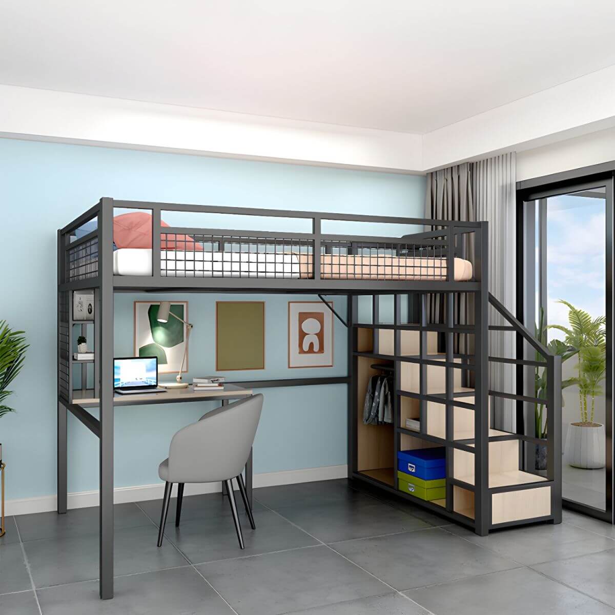 Modern White Metal Loft Bed with Stairs and Storage