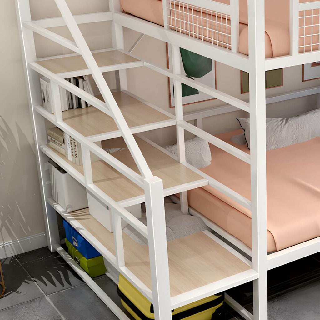 Modern White Metal Loft Bed with Stairs and Storage