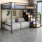 Modern White Metal Loft Bed with Stairs and Storage