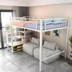 Modern White Metal Loft Bed with Stairs and Storage